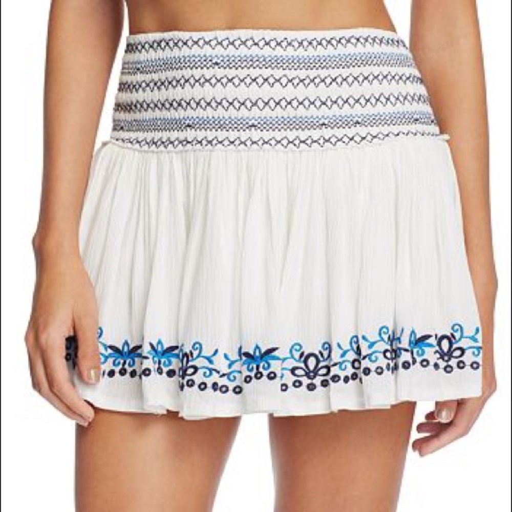 Surf Gypsy White Mini Skirt with Blue Embroidery